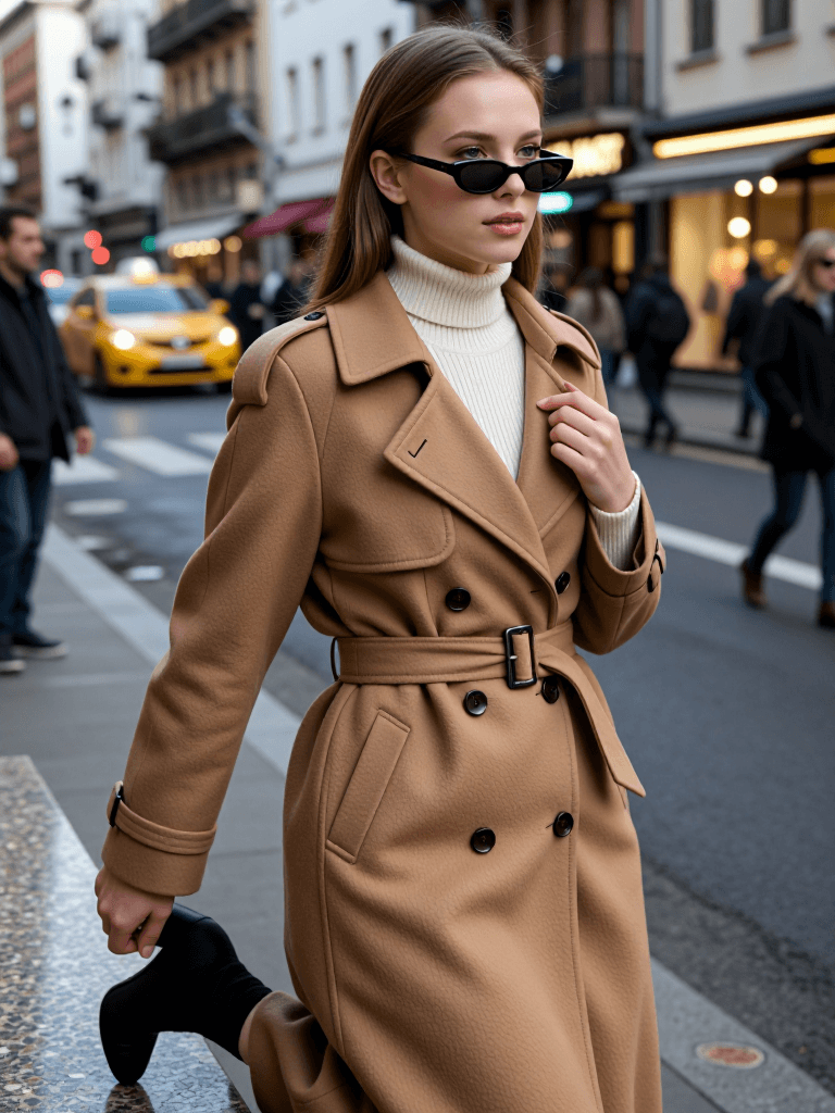 High-fashion street portrait of an elegant 28-year-old white woman in her late t