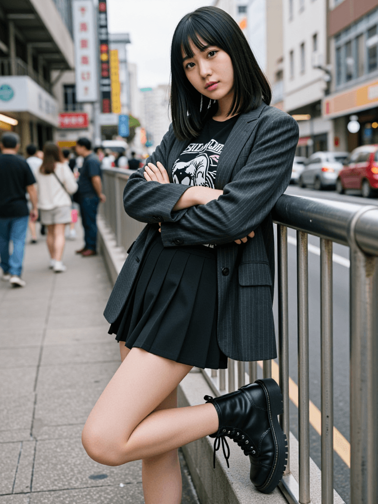 Pleated skirt and combat boots