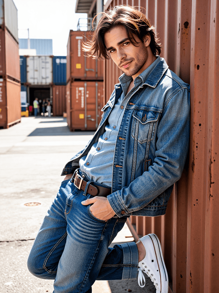 Candid urban street portrait of a 24-year-old man with light olive skin, warm br