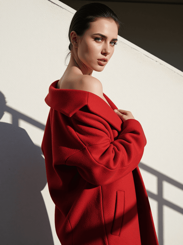 High-fashion street portrait of a striking 28-year-old woman with luminous fair