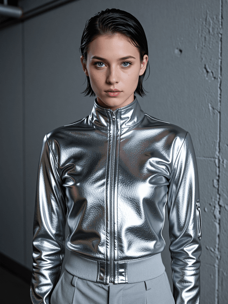 Future-leaning editorial street portrait of a 26-year-old androgynous model with