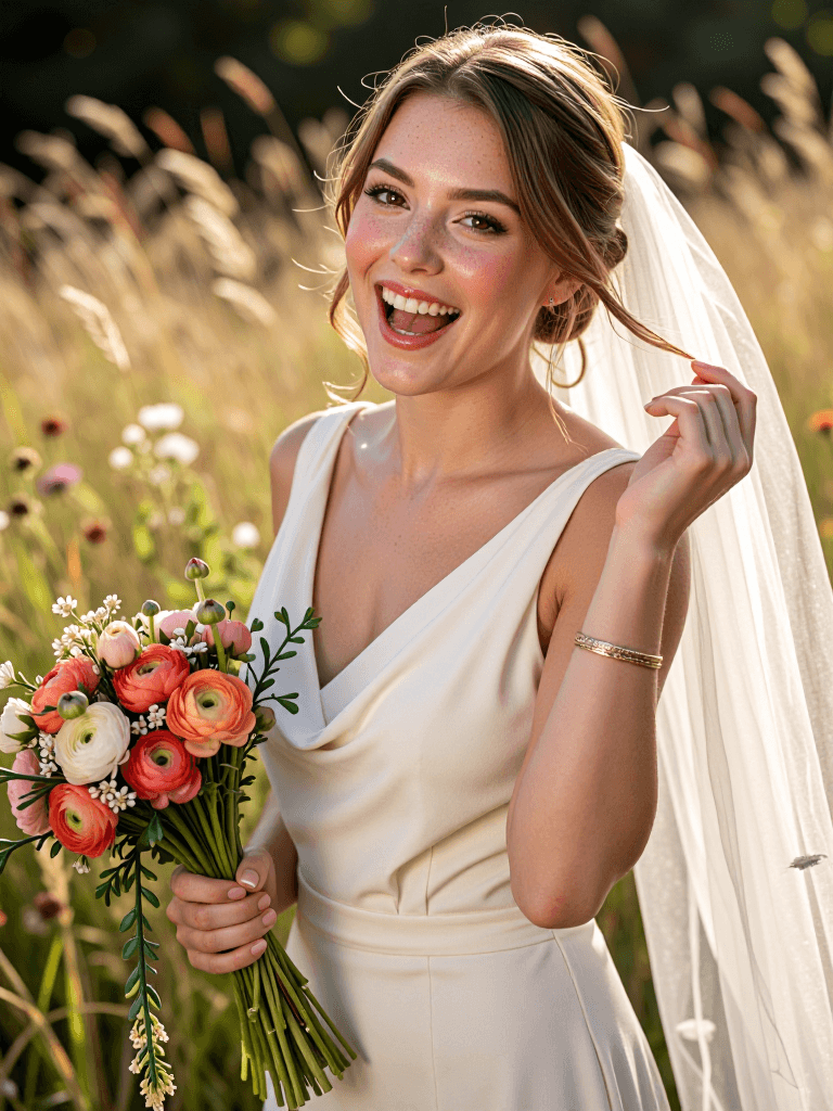 Bride laughing with bouquet
