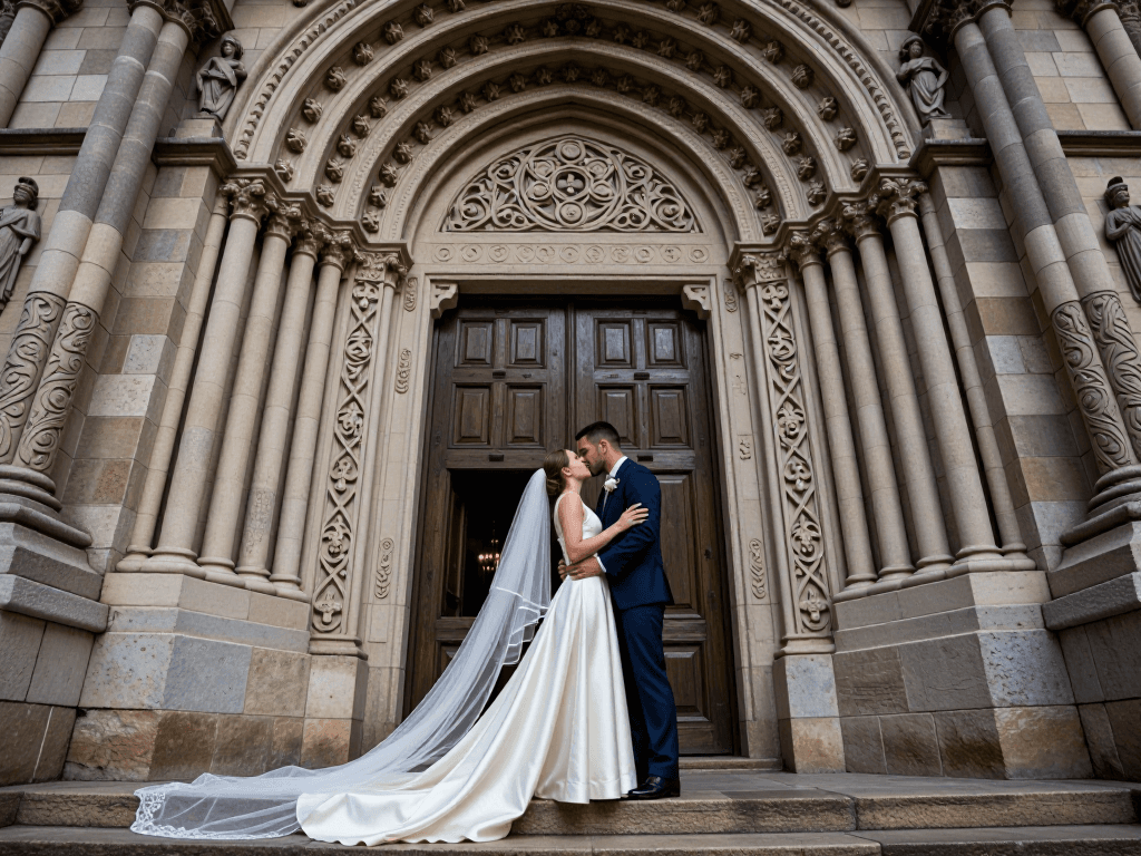 Wide kiss with cathedral
