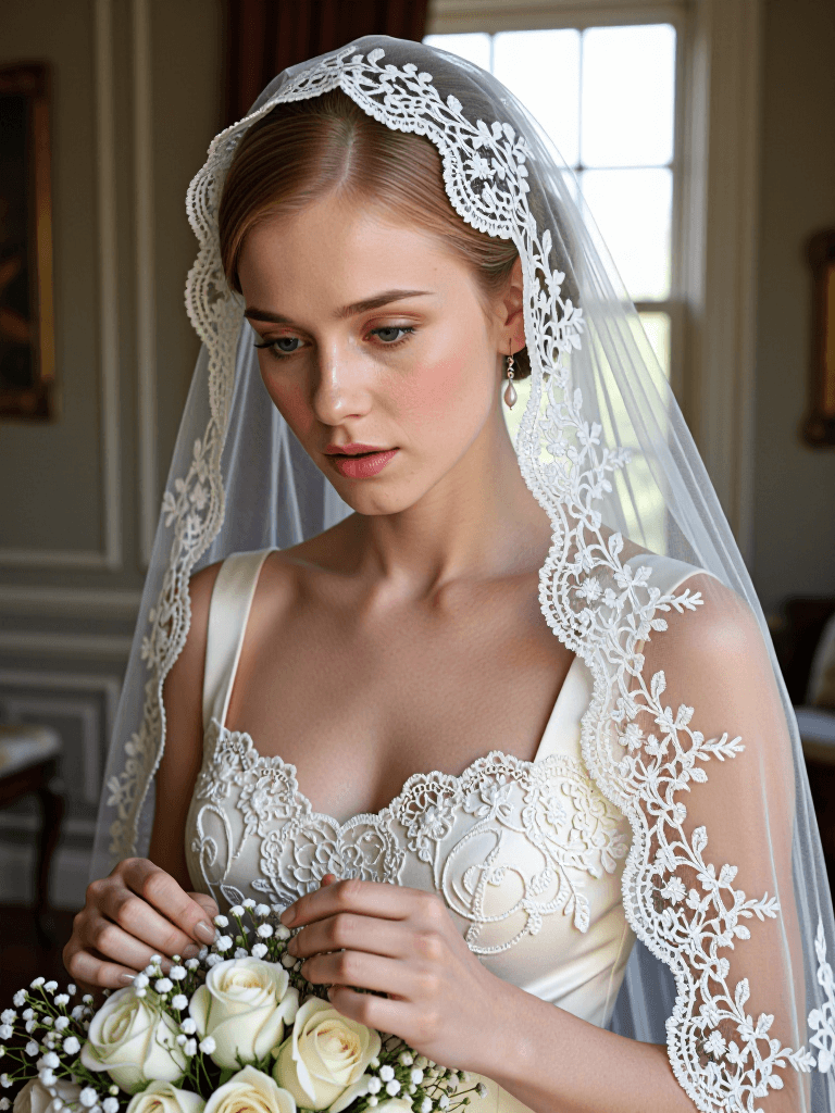 Bride, lace veil, soft window
