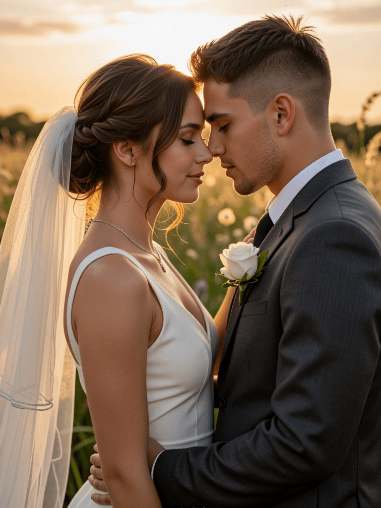 Bride and groom forehead-touch