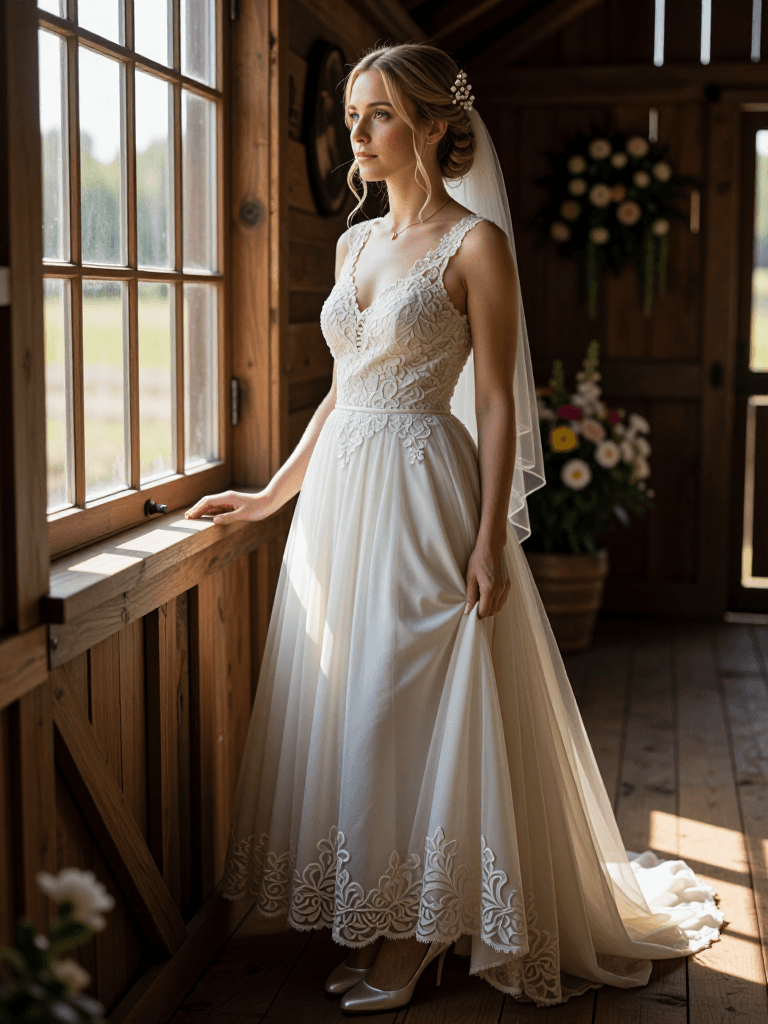 Bride at window of barn