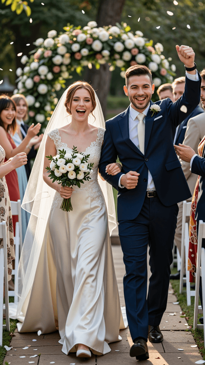 Full-body couple walking aisle