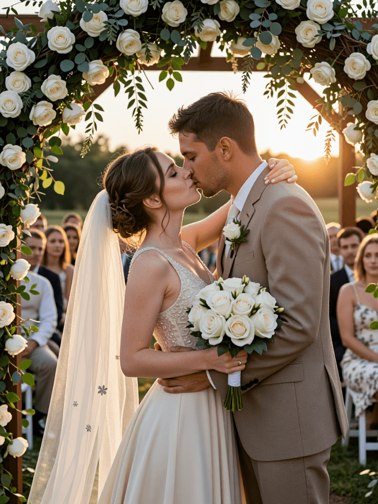 Couple kissing under arch