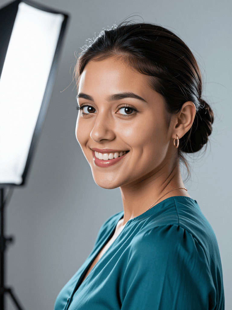 Bright studio headshot, tight head-and-shoulders crop, of a 28-year-old Latina s