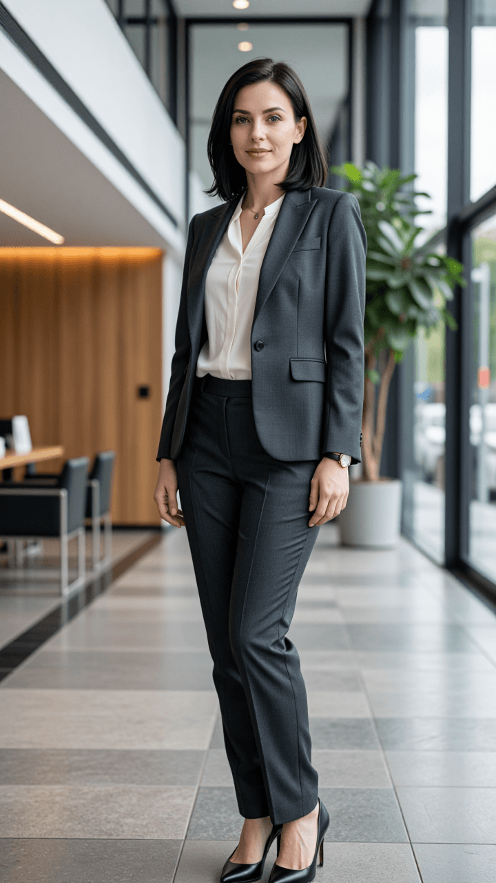 Full-body professional, modern lobby
