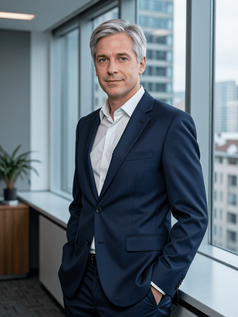 Editorial executive portrait, three-quarter environmental framing, of a 50-year-