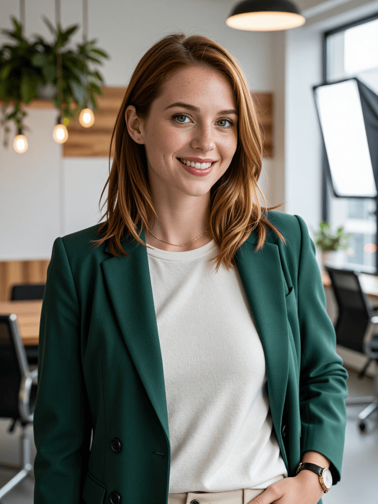 Modern editorial environmental portrait, mid-thigh-up framing in a bright contem