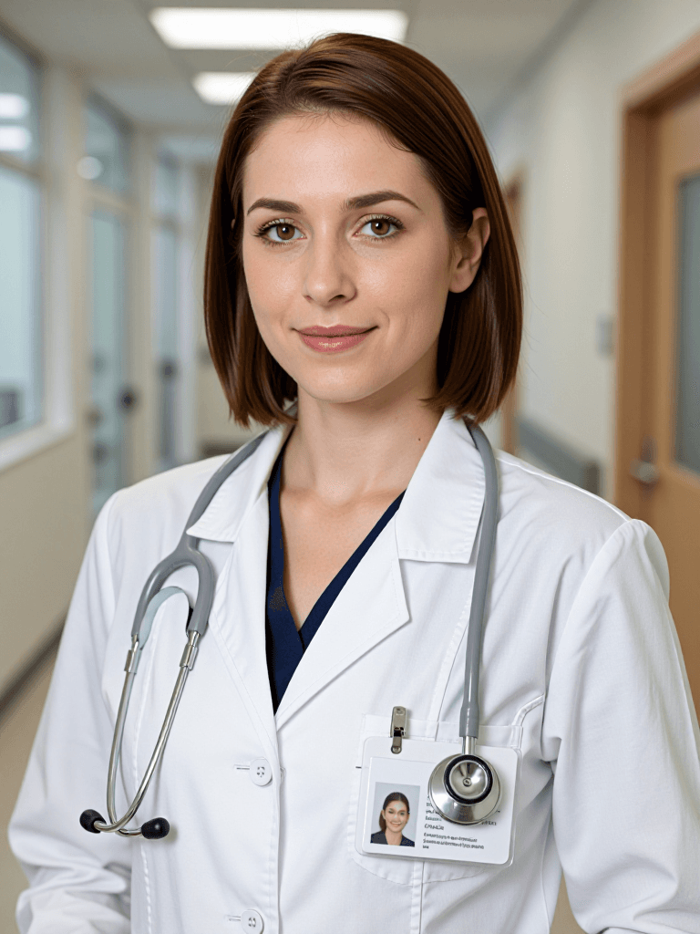Clean studio headshot, tight chest-up crop on a 36-year-old white female physici