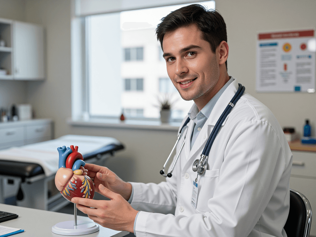 Wide environmental studio-style portrait of a 38-year-old male physician with li