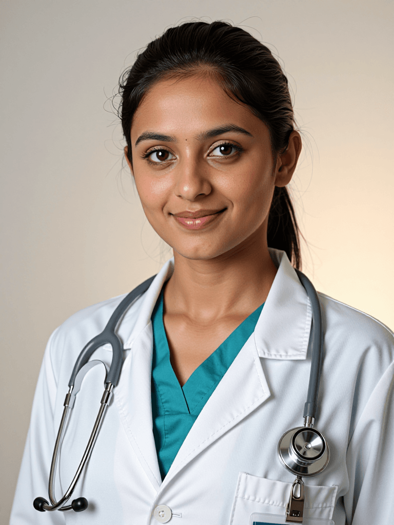 Clean studio headshot, tight crop on a 33-year-old Indian female physician with