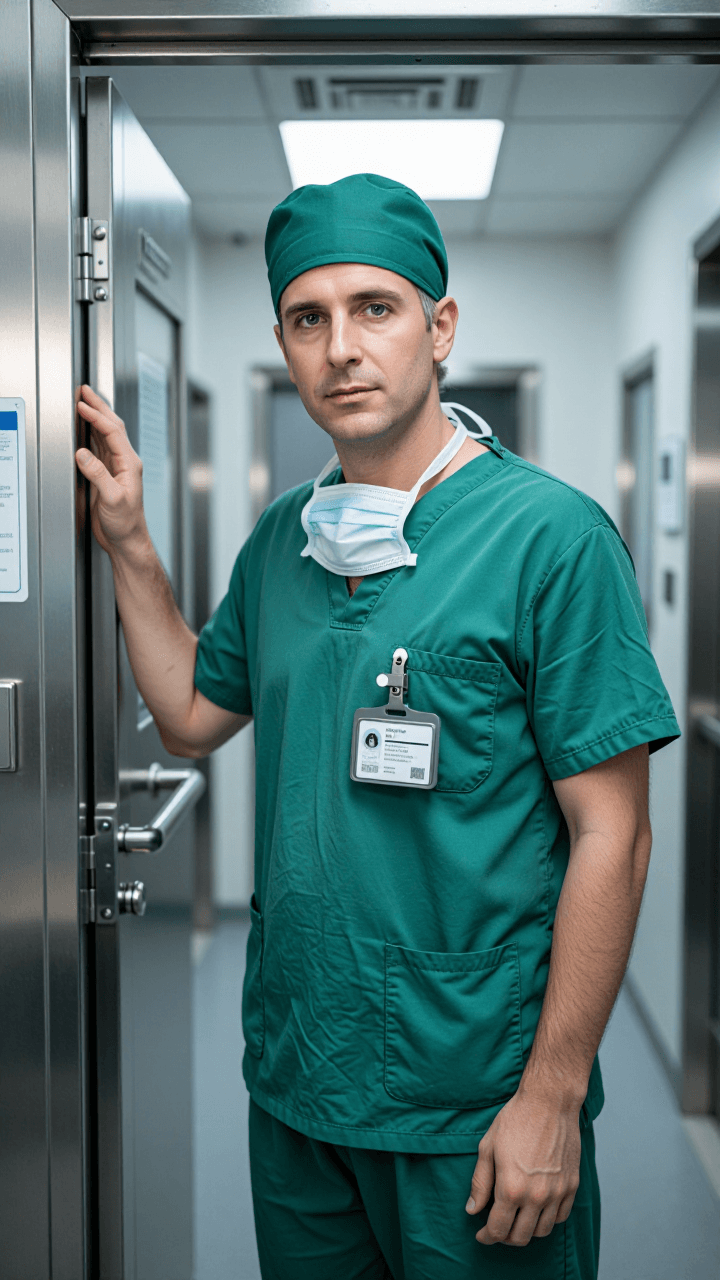 Full-body surgeon at OR door