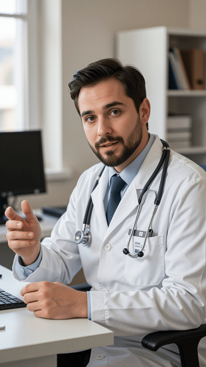 Full-body doctor at desk