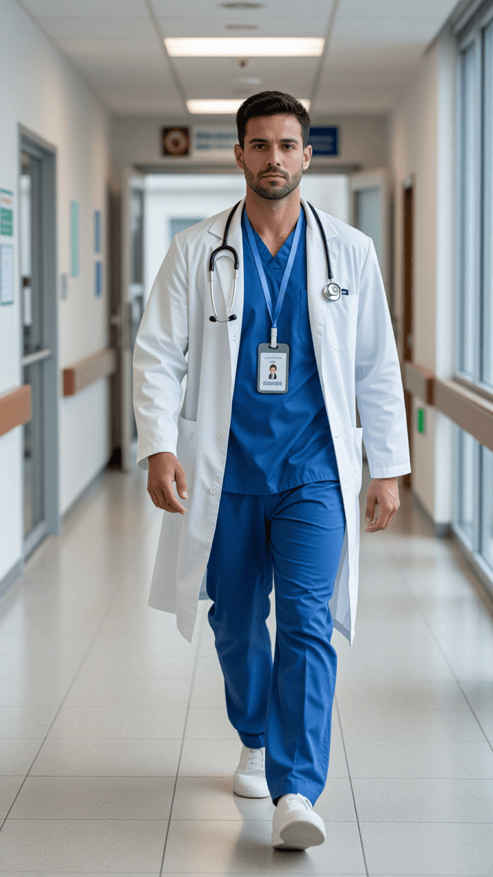 Full-body doctor in hallway