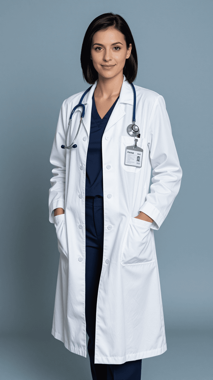 Full-body white-coat portrait