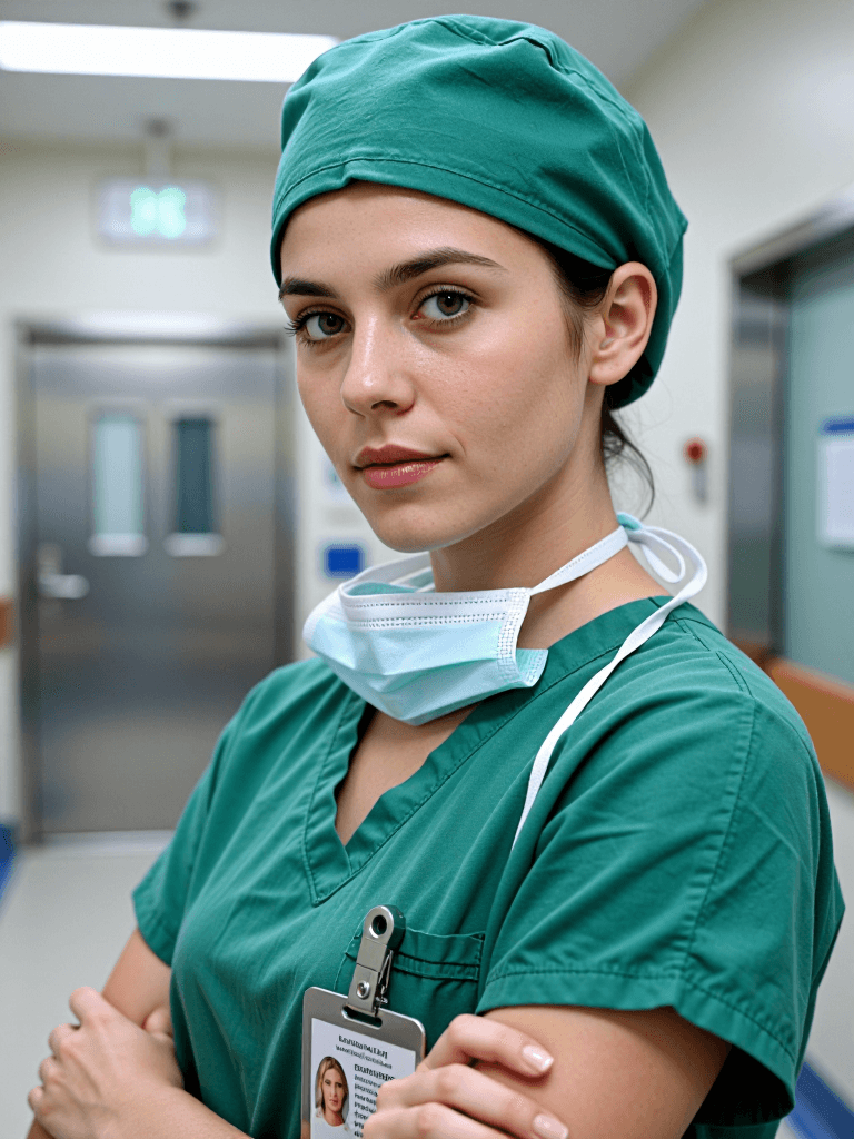Environmental editorial portrait of a 38-year-old female surgeon with fair skin,