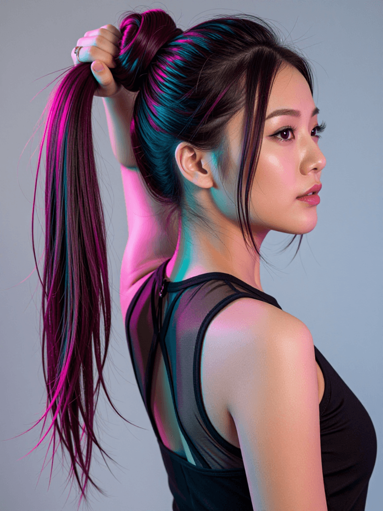 Magenta-teal ponytail profile
