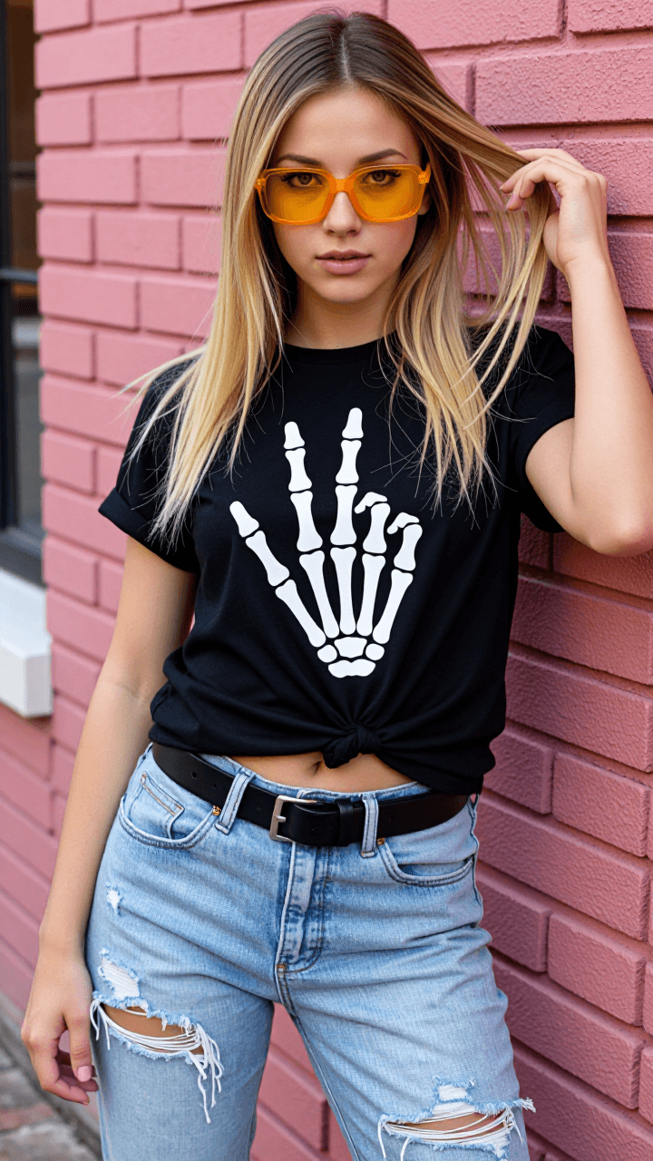 Skeleton tee on pink brick