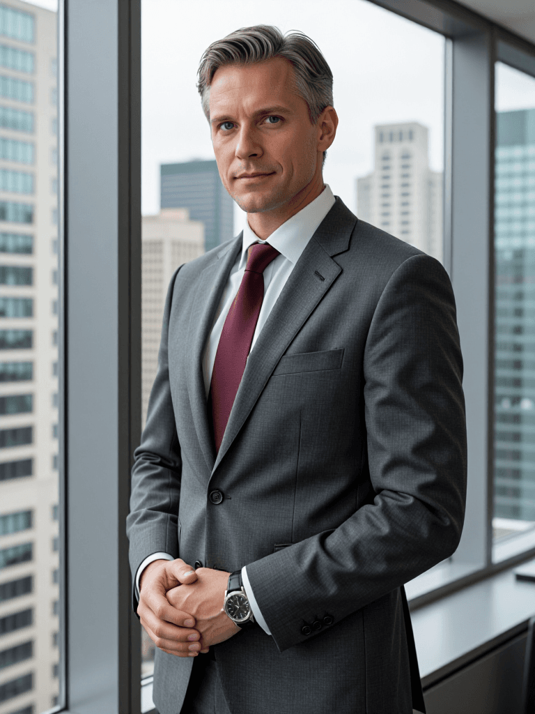 Male broker at office window