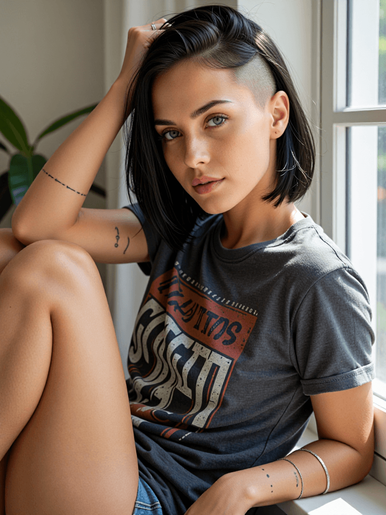 Tattooed woman at home