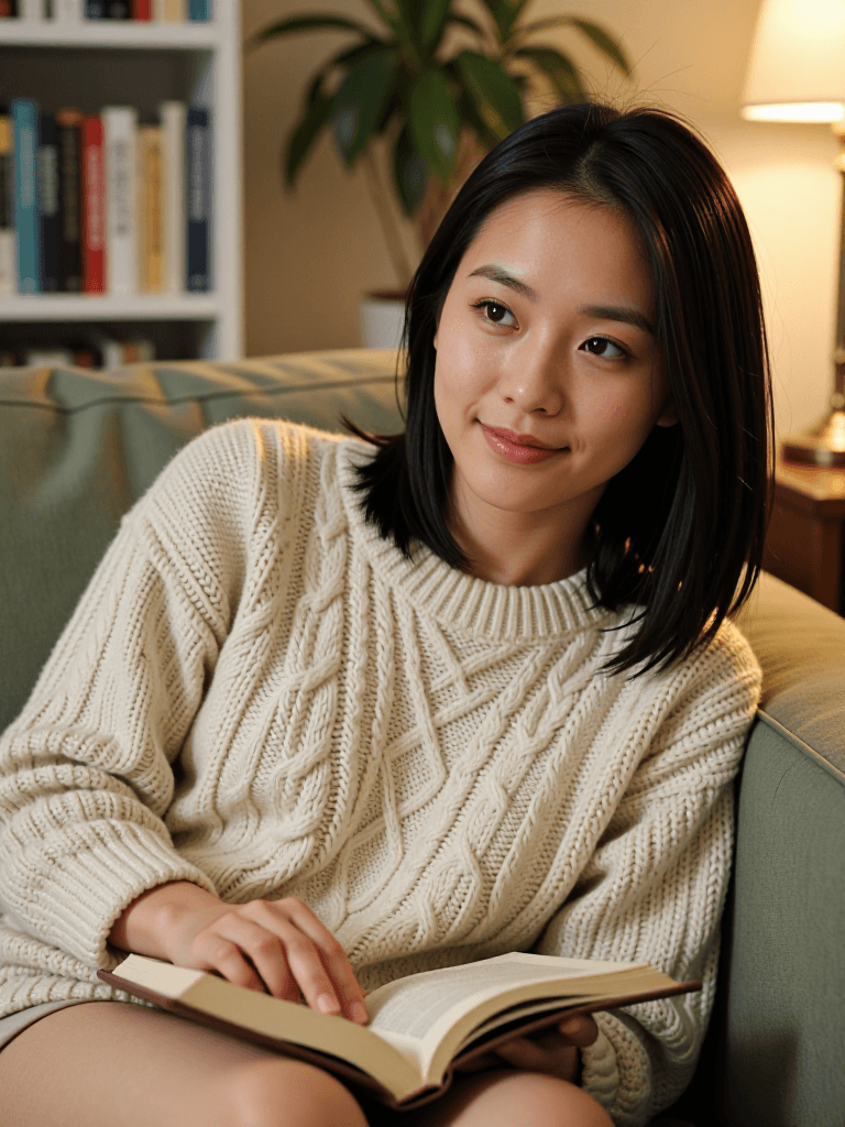 East Asian woman on couch