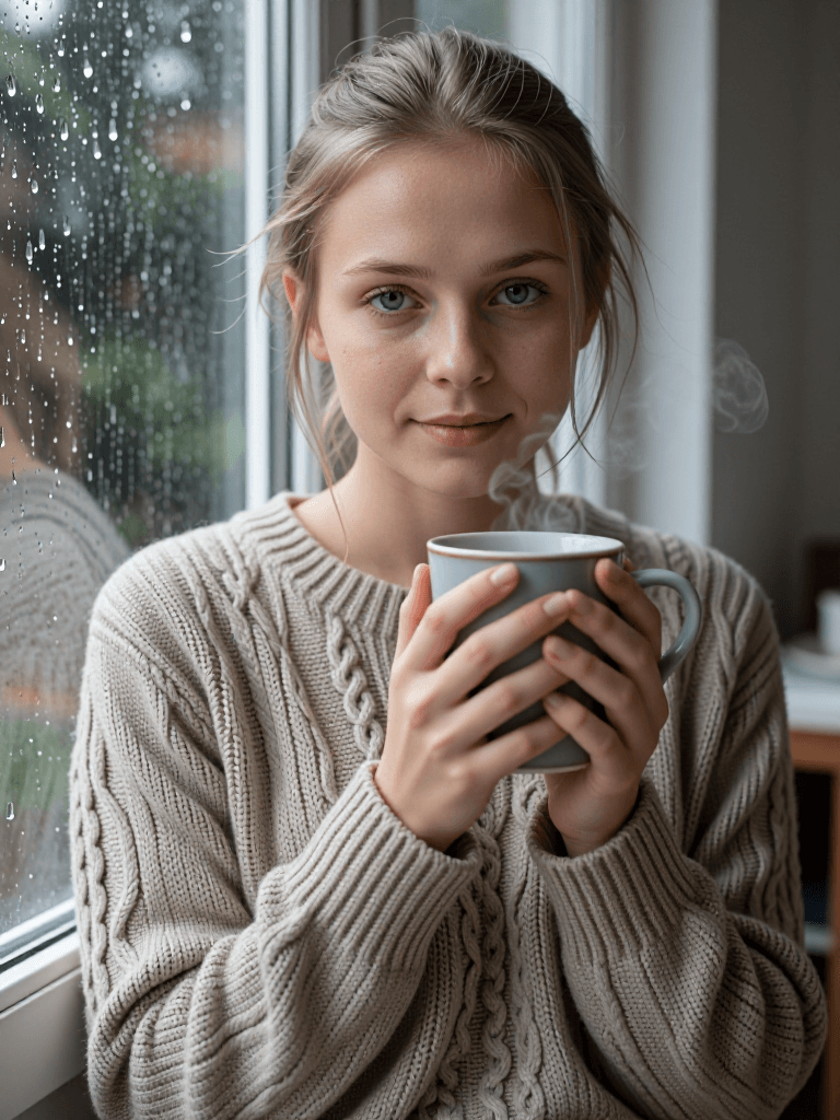Woman with tea, rainy window