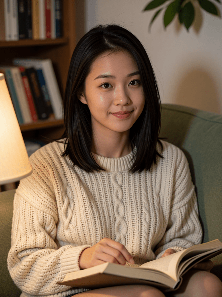 East Asian woman on couch