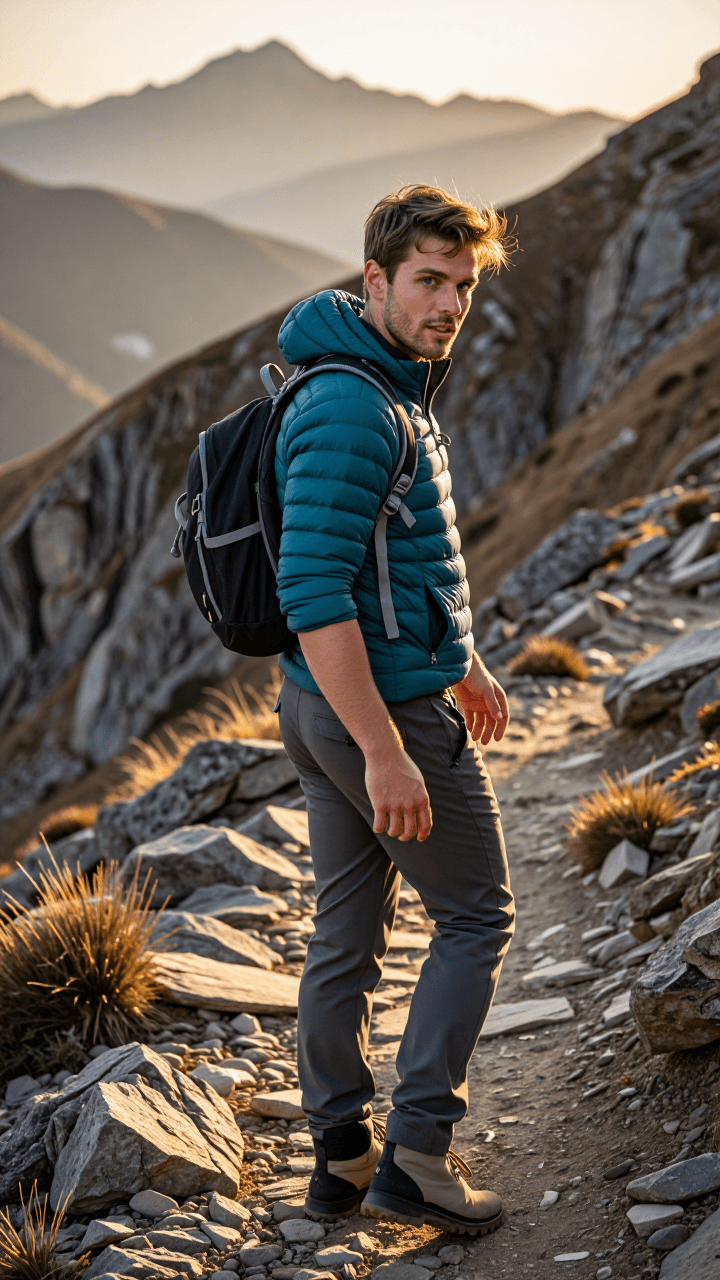 Man hiking, mountain view