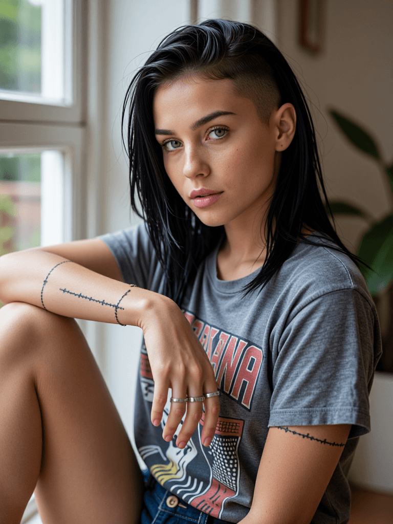 Tattooed woman at home