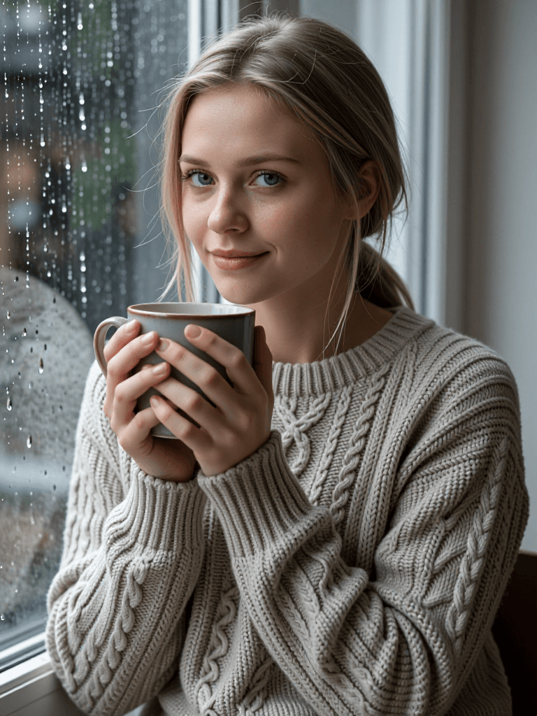 Woman with tea, rainy window