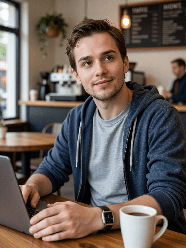 Man at coffee shop laptop