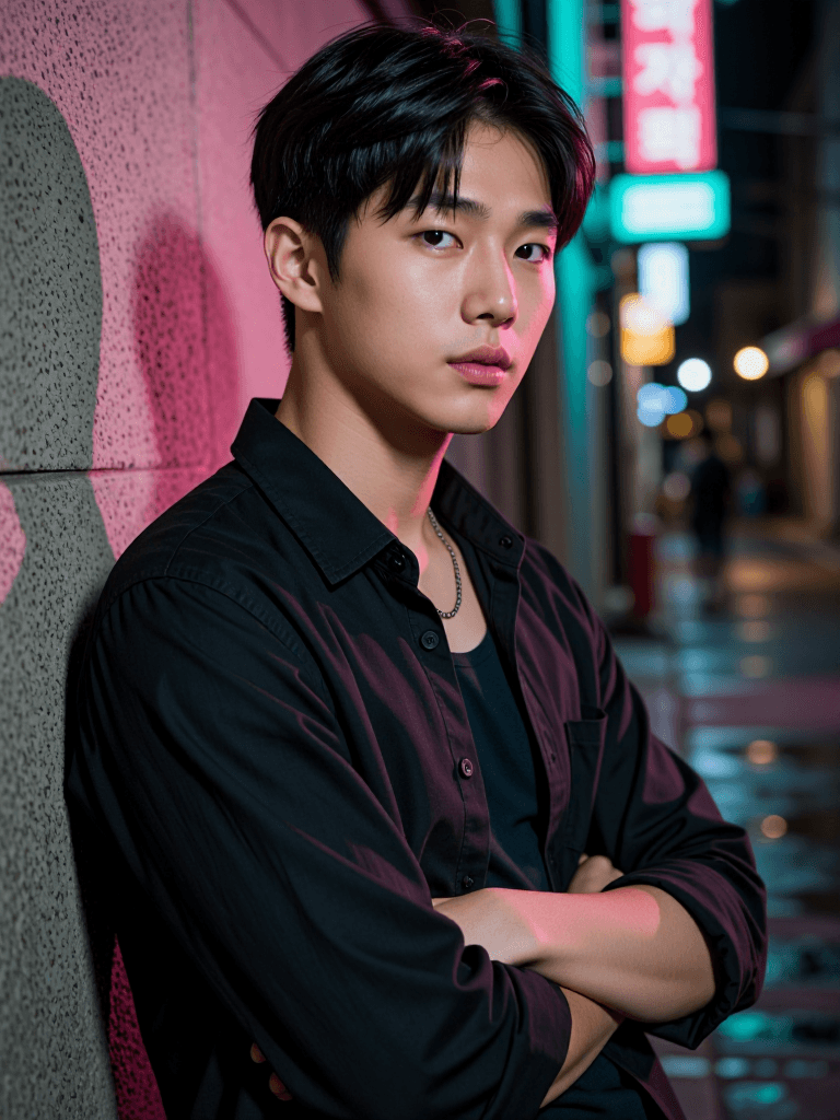 Asian man at neon alley