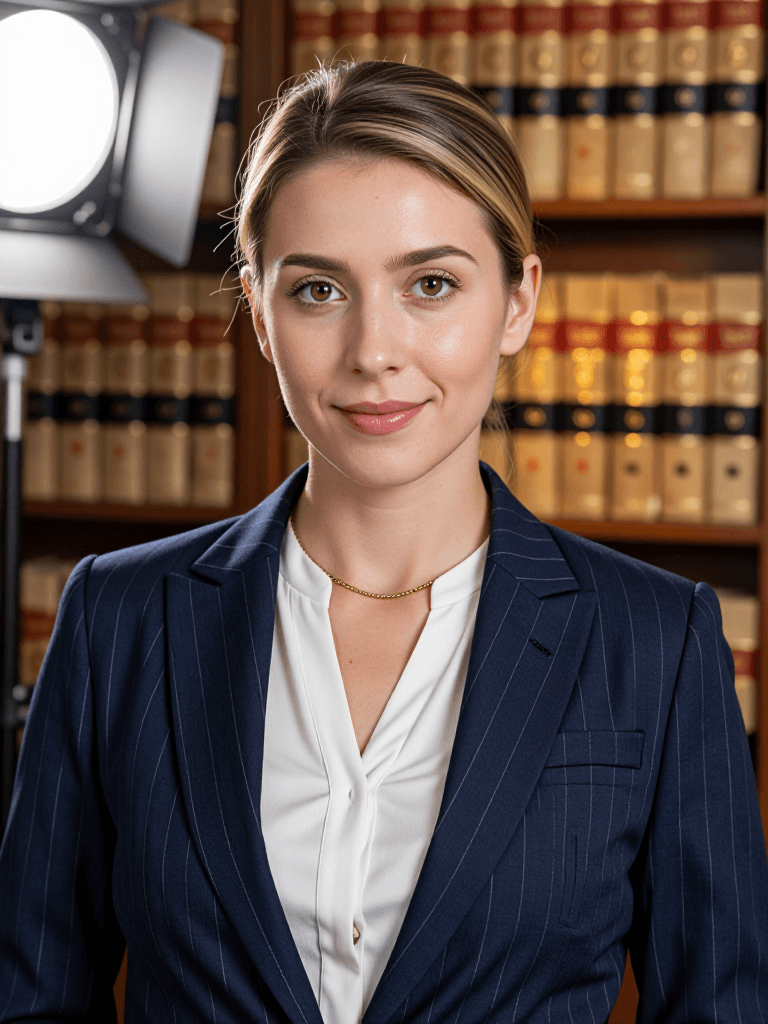 Tight corporate headshot of a confident 38-year-old white woman attorney with fa