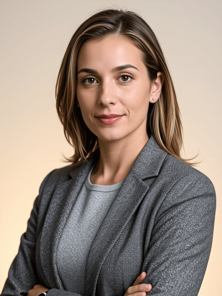 Warm tight corporate headshot of a compassionate 40-year-old white female public