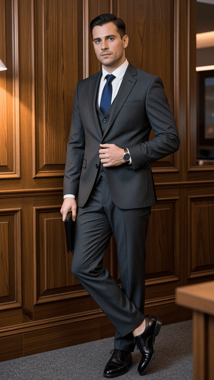 Full-body male attorney with portfolio