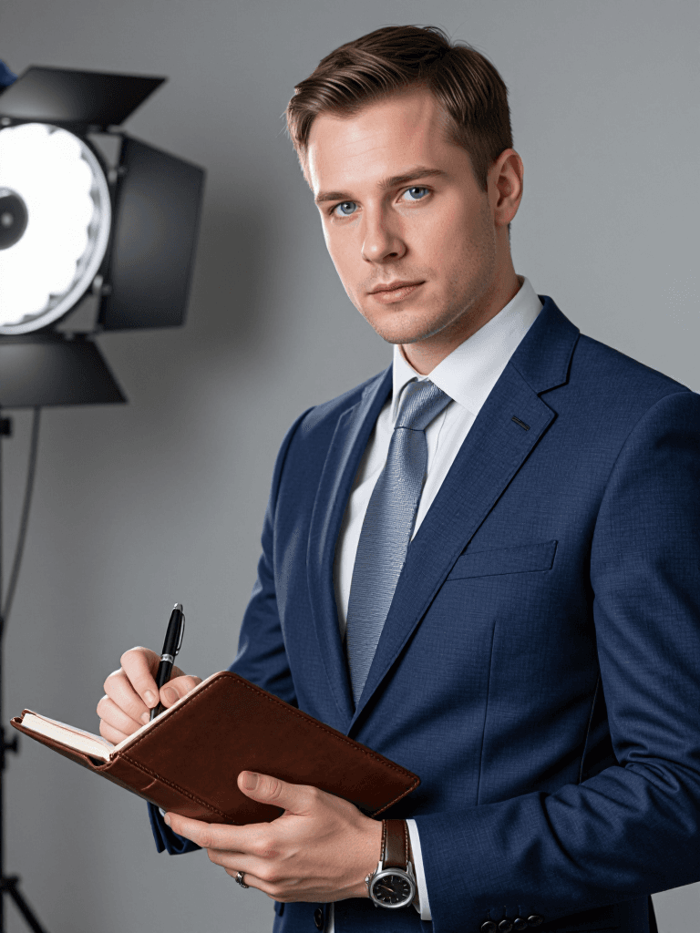 Composed studio portrait of a capable 37-year-old white male attorney with fair