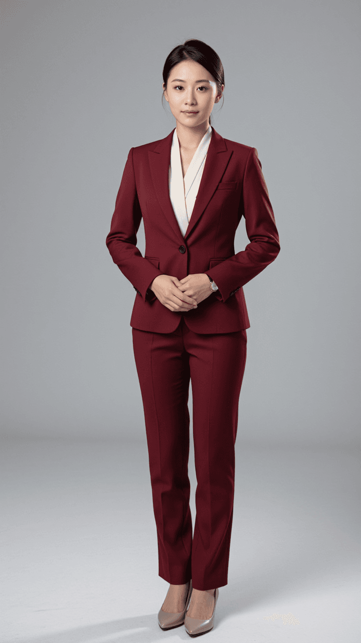 Full-body female attorney, hands clasped