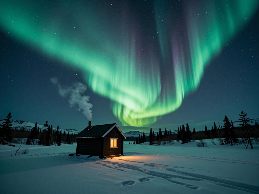 Wide aurora over cabin